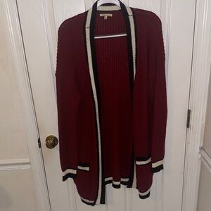 Cozy Casual Red Cardigan with Black and White Trim